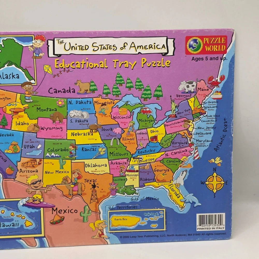 Puzzle World Tray Puzzle Kids Multicolor Geography World Atlas USA Map Vintage